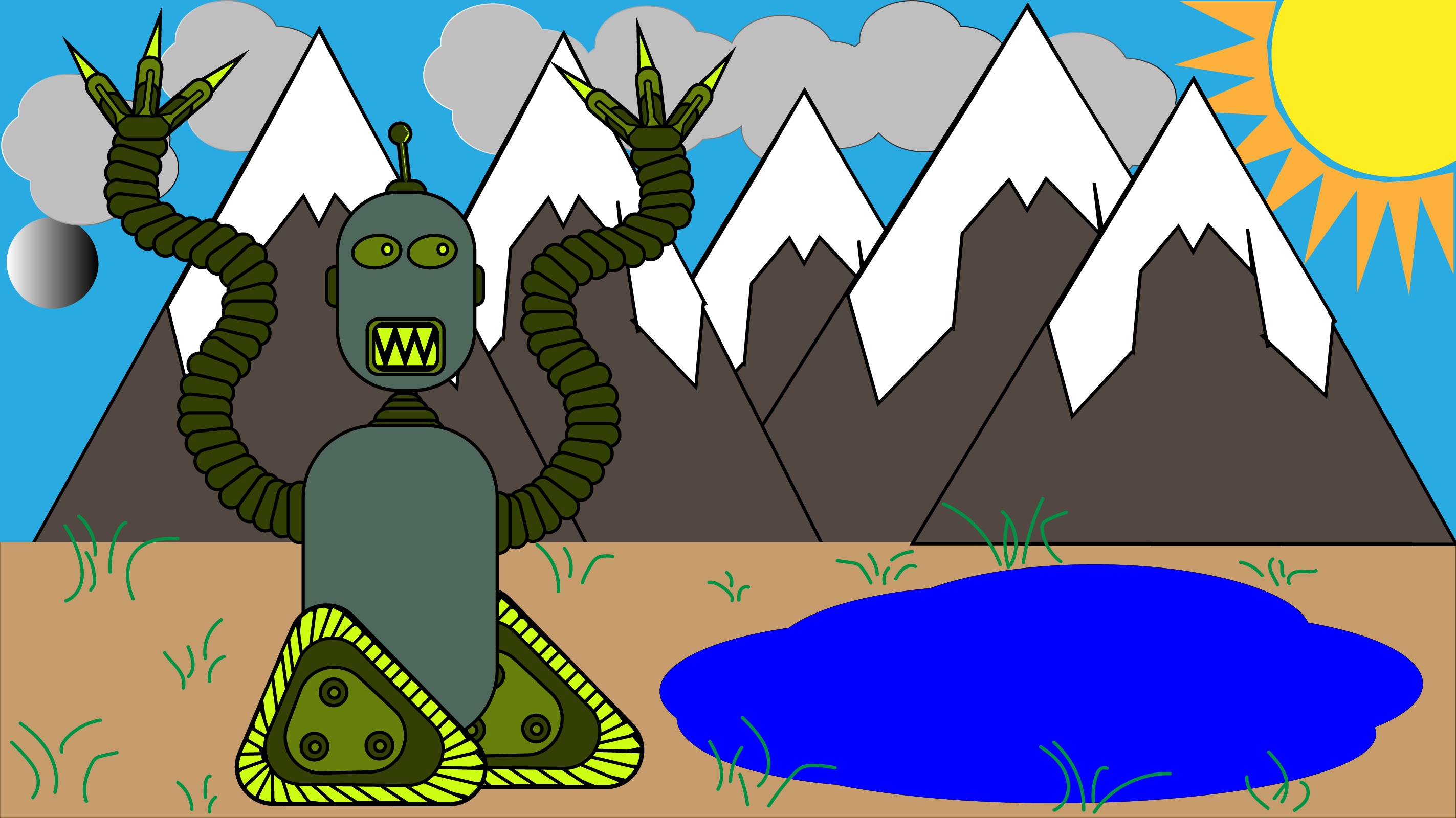 vector robot running into lake with mountains in the background